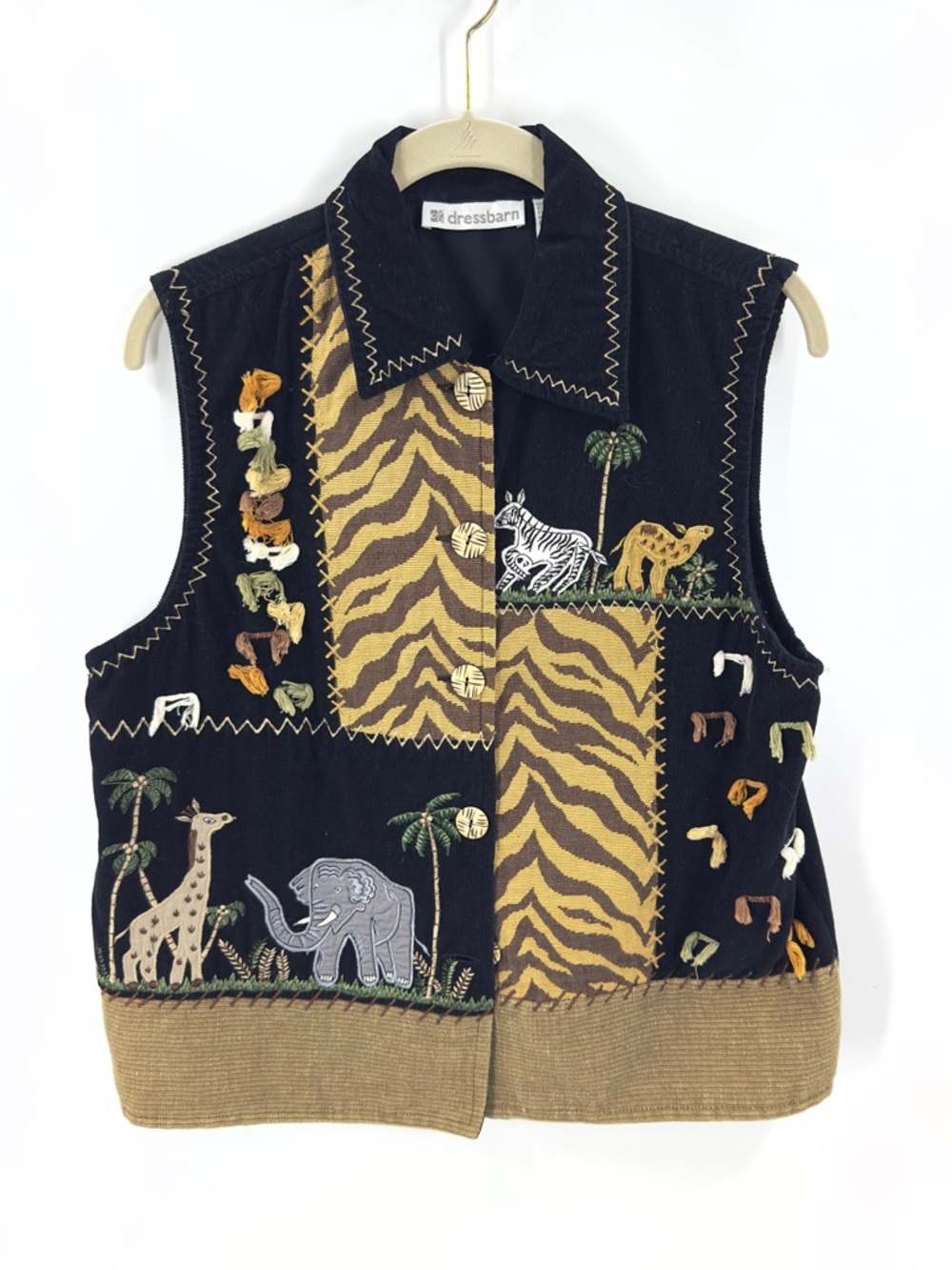 Dressbarn Safari Vest Womens Large Embroidered Animal Print Travel Patchwork